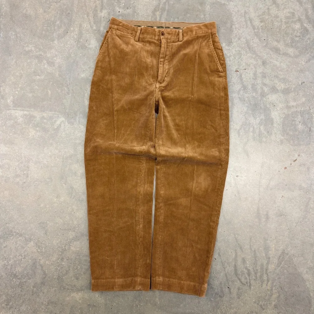 90s Mens Polo Ralph Lauren Wide Wale Corduroy Trousers Tan Brown 32x29